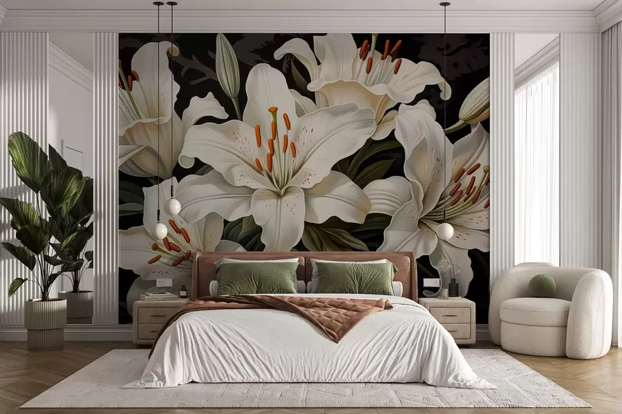 Fototapete Elegante große weiße Blumen auf dunklem Hintergrund w08983