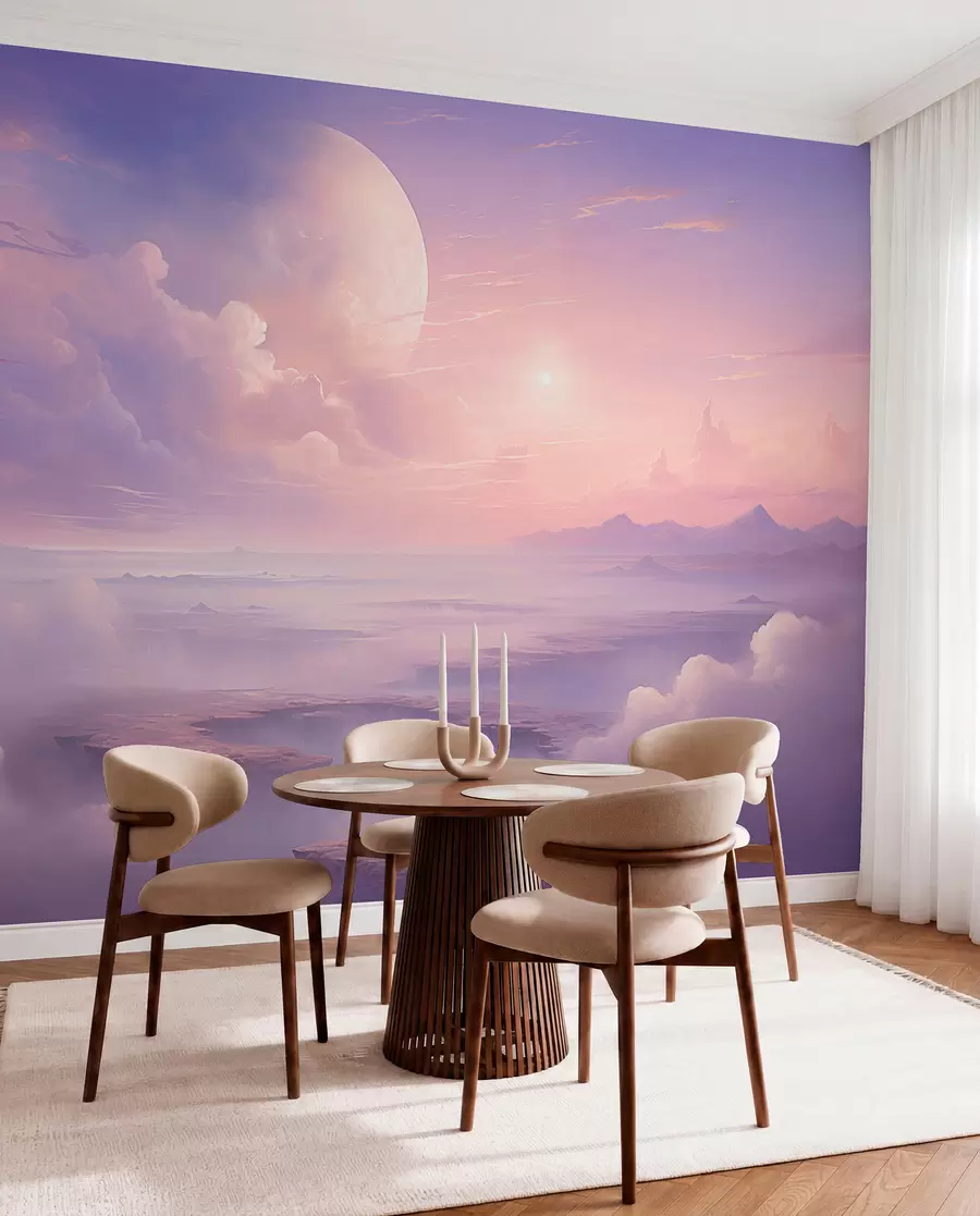 fototapeter Magisk lilla-rosa himmel med månen og skyerne w08986