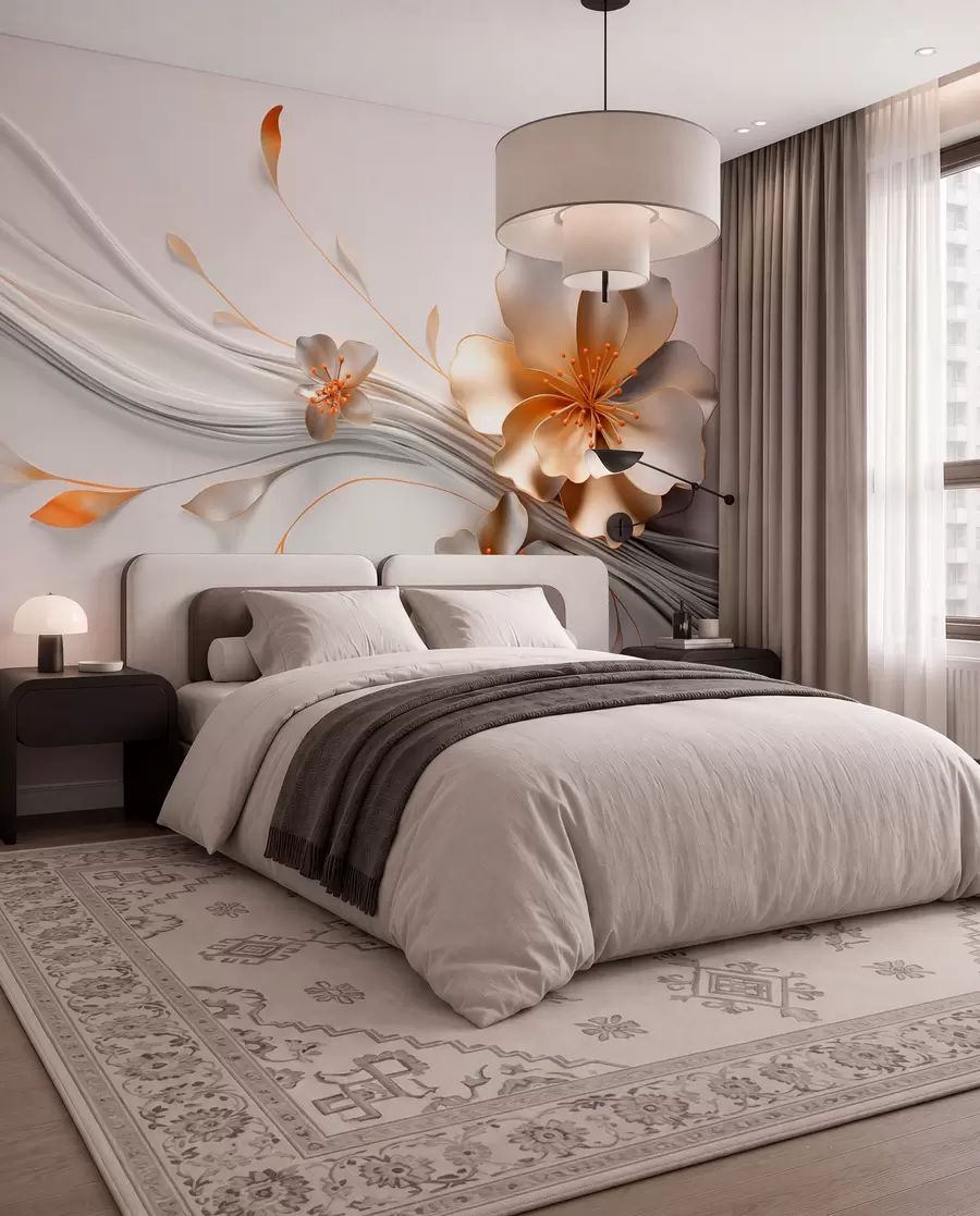 Murale Une fleur orange sur un fond gris abstrait w09004