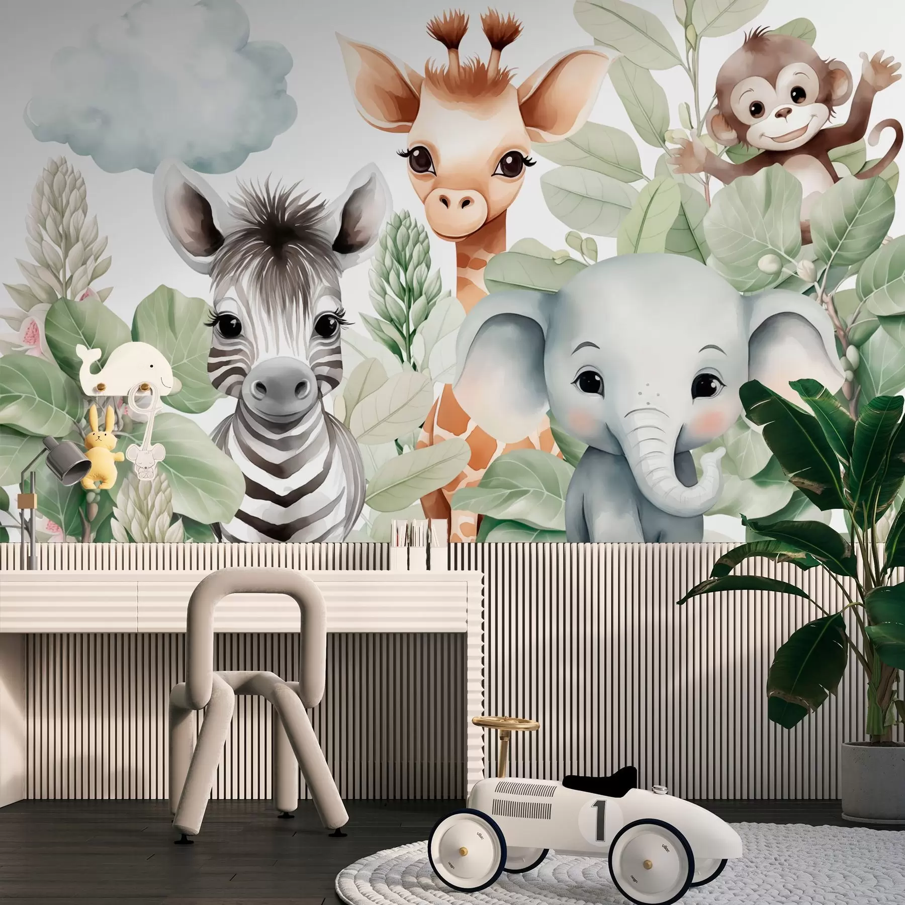 fototapeter Giraf, zebra, elefant og abe blandt løvet w03677