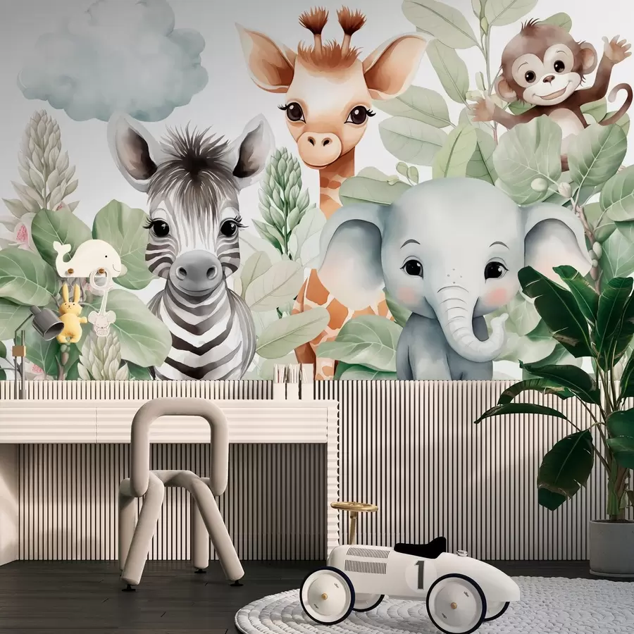 fototapeter Giraf, zebra, elefant og abe blandt løvet w03677