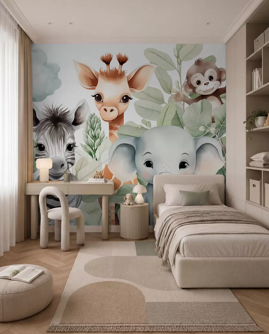 Fototapete Giraffe, Zebra, Elefant und Affe inmitten des Laubes w03677