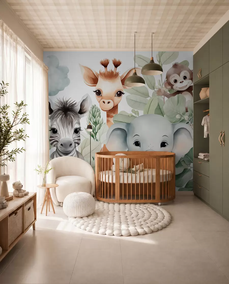 Murale Girafe, zèbre, éléphant et singe dans le feuillage w03677