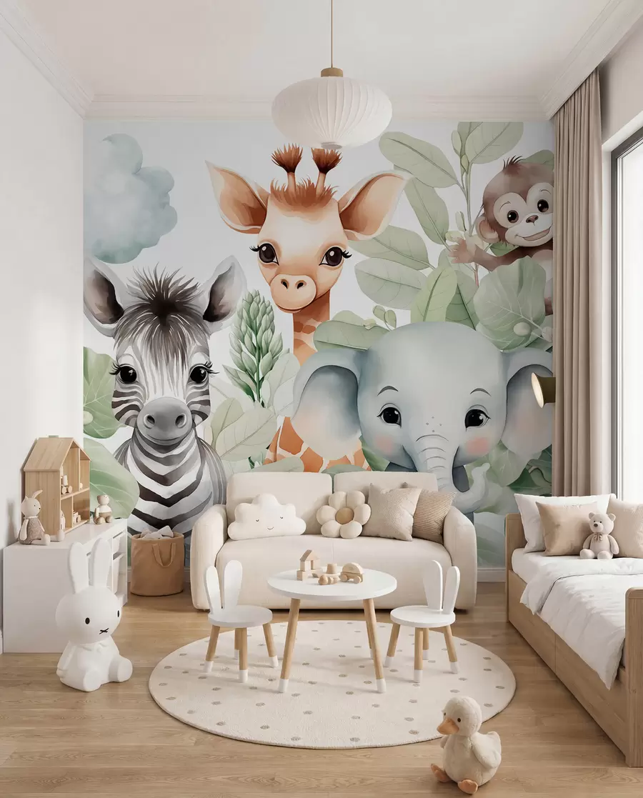 Murale Girafe, zèbre, éléphant et singe dans le feuillage w03677