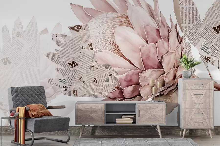 fototapeter Protea-blomster, aviskunst, blomster, tropisk, pastelbeige farver w03667v4