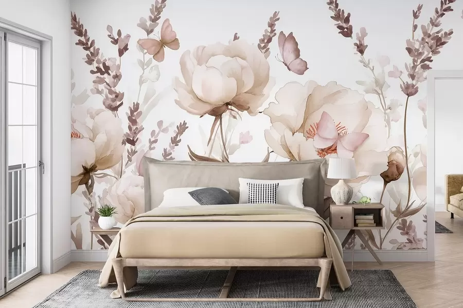 fototapeter Blomstereng, pæoner, lavendel, sommerfugle, akvarel-stil, beige farver w03668v2