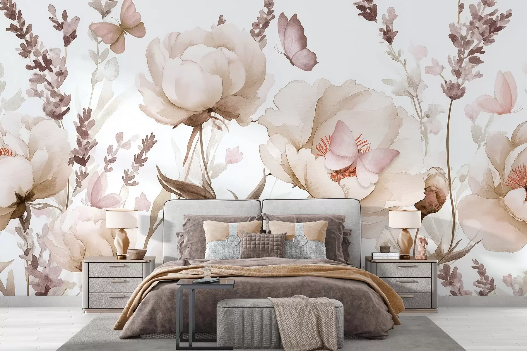 Murale Prairie fleurie, pivoines, lavande, papillons, style aquarelle, couleurs beiges w03668v2