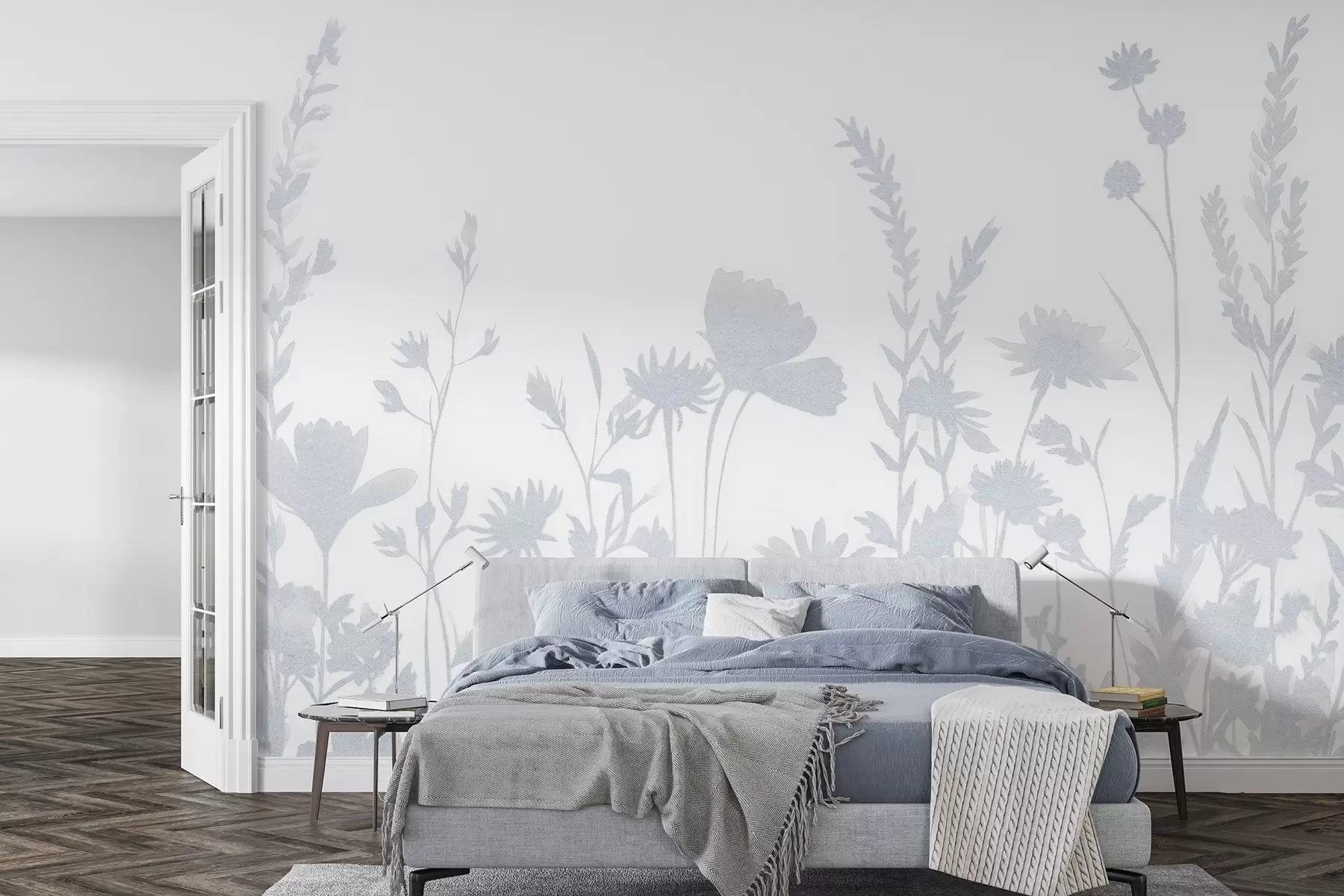 Fototapete Sommerwiese, rustikal, Blumen, blaue Farbpalette w03670v1