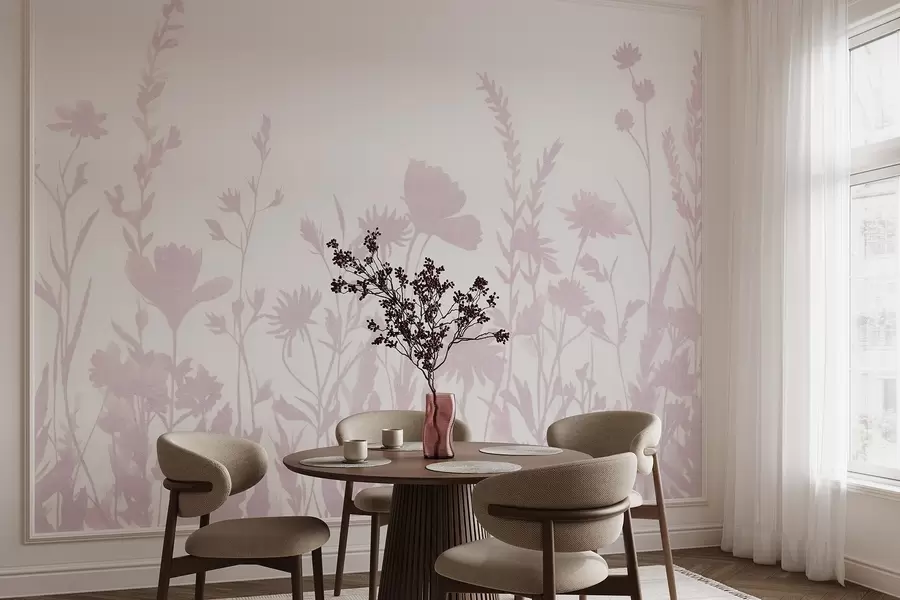 Fototapete Sommerwiese, rustikal, Blumen, rosa Farbpalette w03670v2