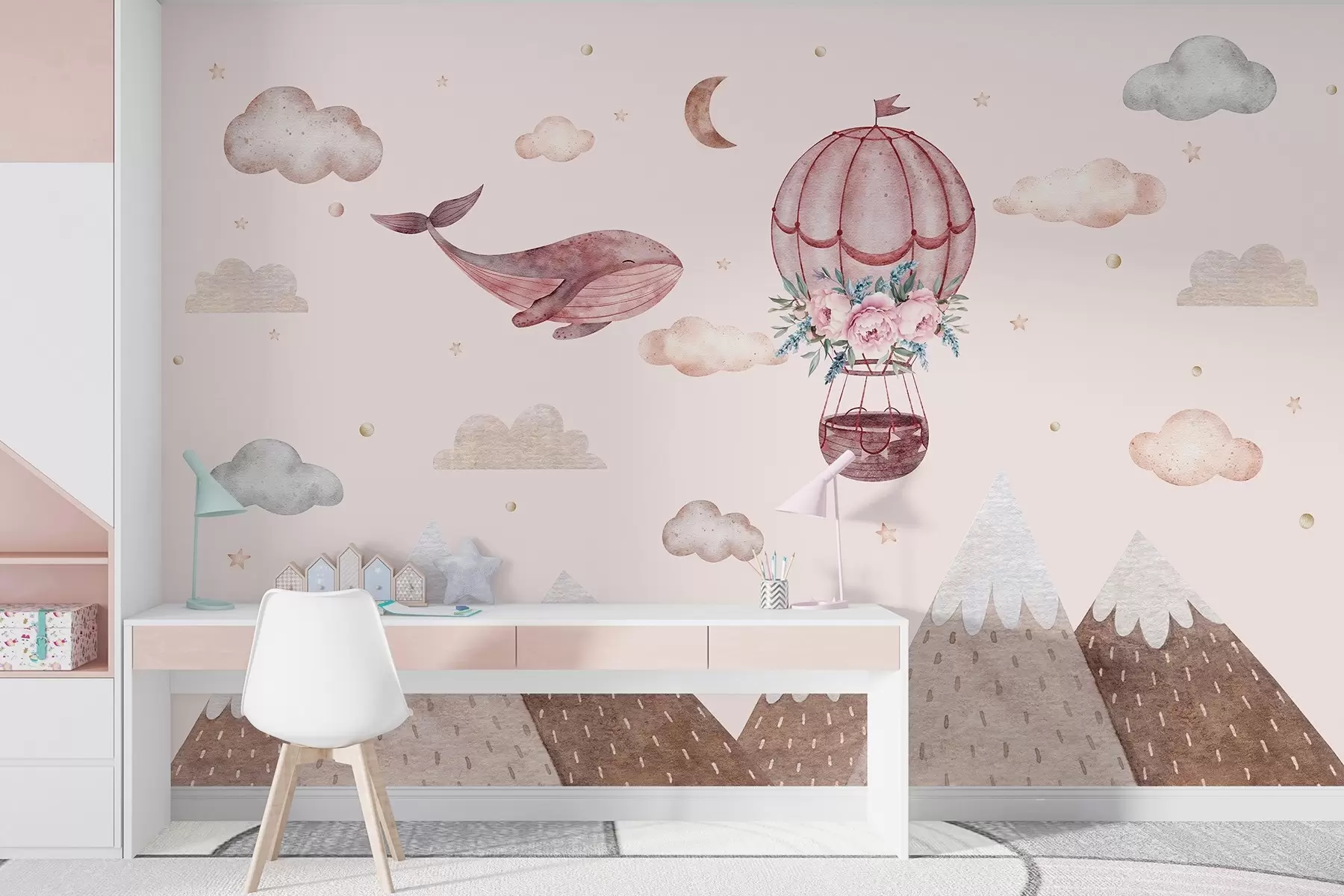 Murale Baleine mignonne avec ballon, ciel avec nuages, montagnes, style aquarelle, couleurs roses w03673