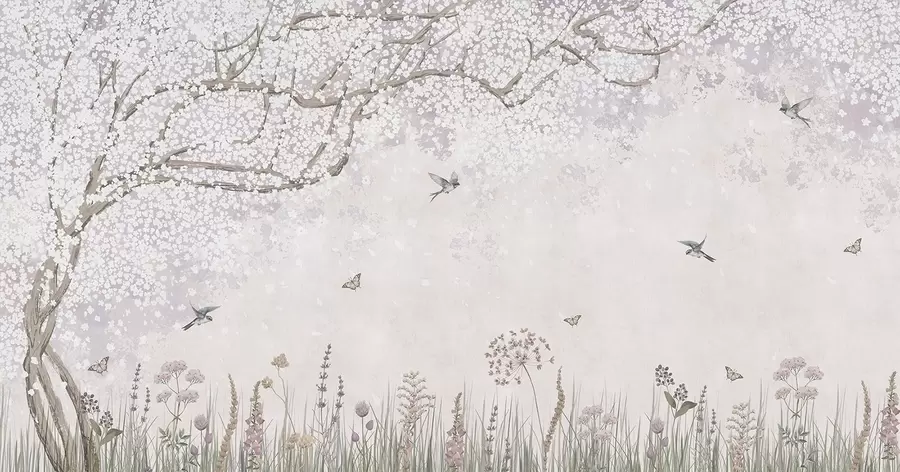 fototapeter Blomstrende træ med vilde blomster og fugle w03700