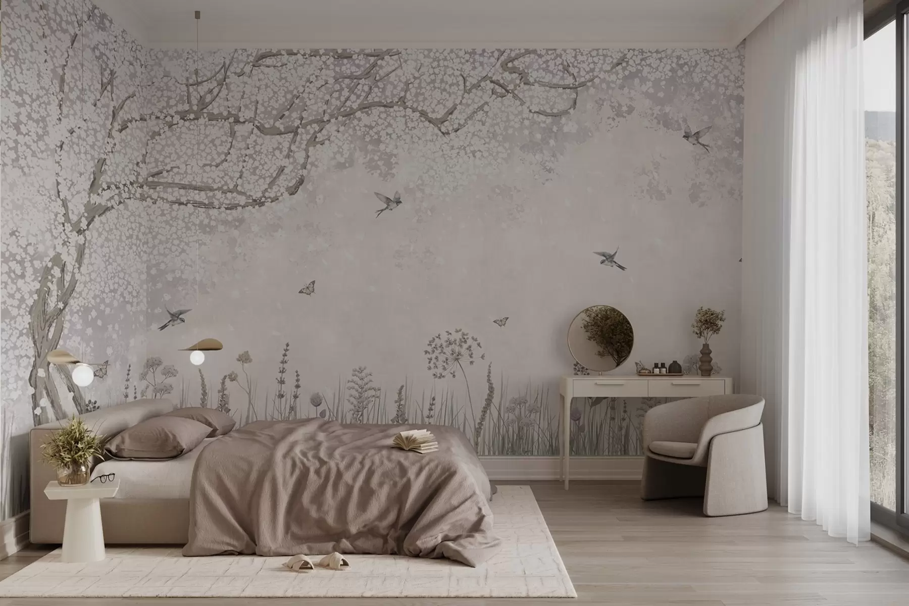 fototapeter Blomstrende træ med vilde blomster og fugle w03700