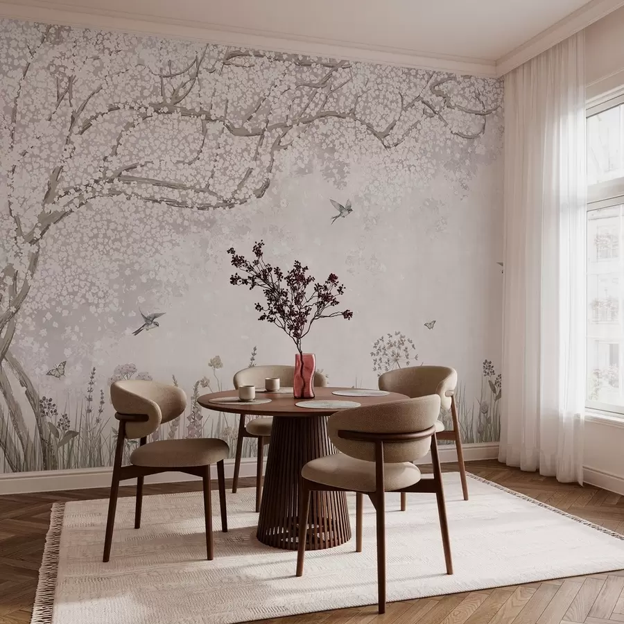 fototapeter Blomstrende træ med vilde blomster og fugle w03700