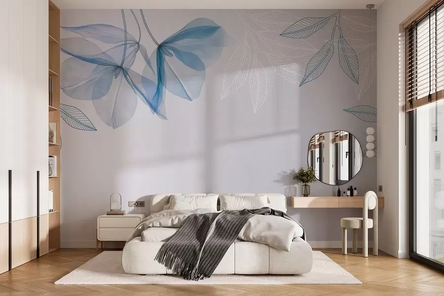 Fototapete zarte durchscheinende Blüten und Blätter in Blautönen w03616