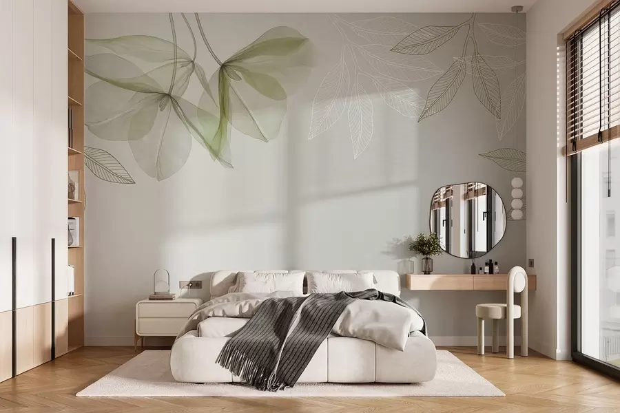 fototapeter sarte, gennemskinnelige blomster og blade i khaki-toner w03616v2