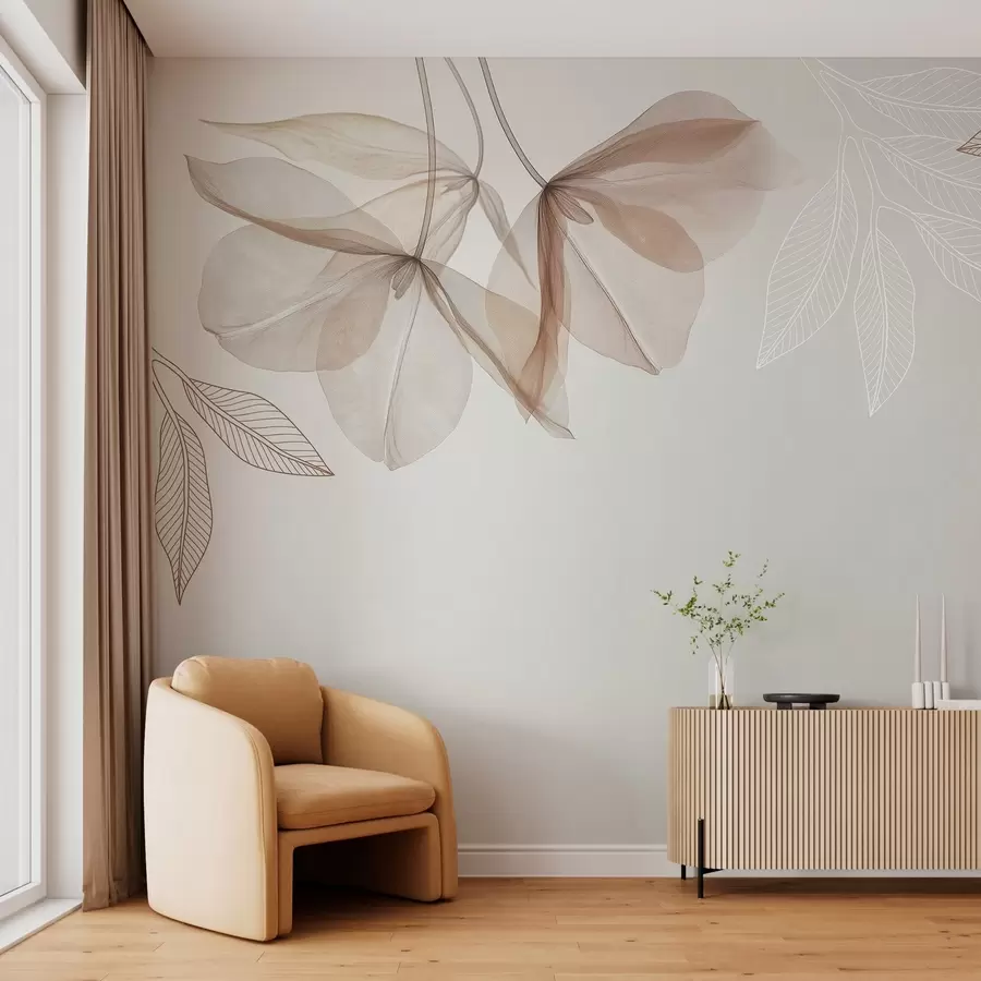 Fototapete zarte durchscheinende Blüten und Blätter in Mokkatönen w03616v3