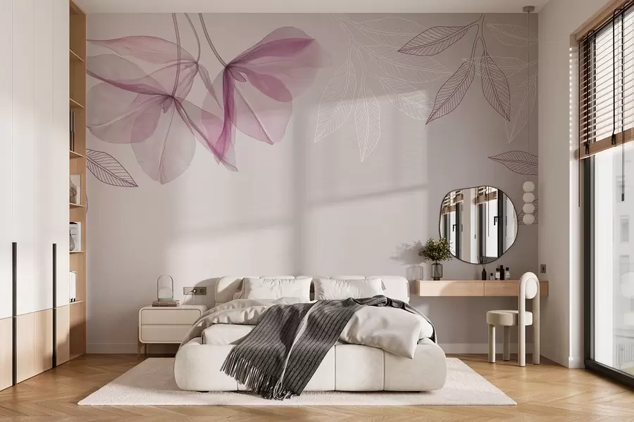 fototapeter sarte, gennemskinnelige blomster og blade i lilla toner w03616v4