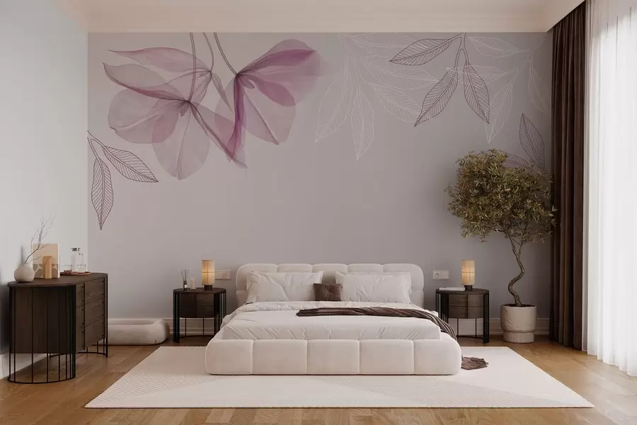 fototapeter sarte, gennemskinnelige blomster og blade i lilla toner w03616v4
