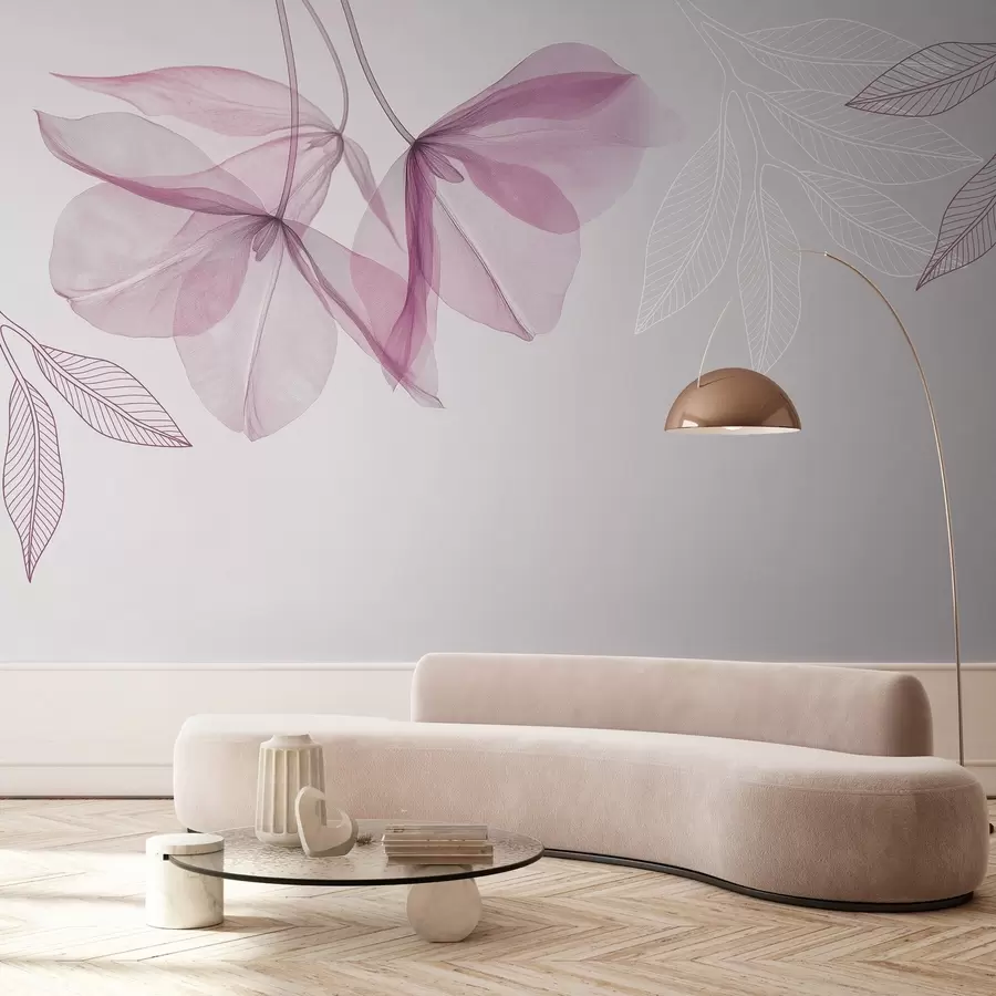 Fototapete zarte durchscheinende Blüten und Blätter in Violetttönen w03616v4