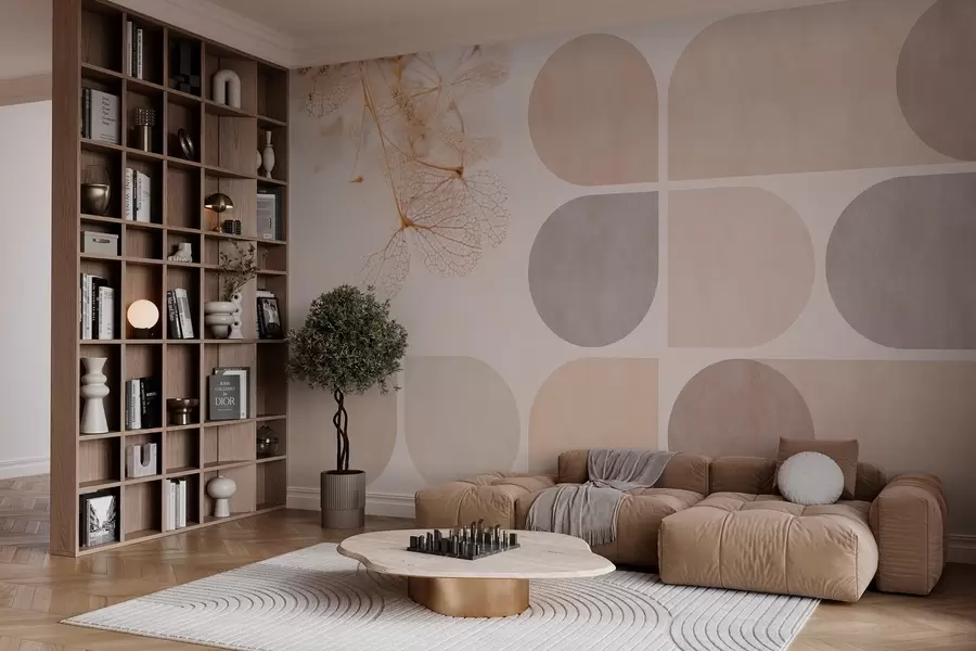 Fototapete geometrie und getrocknete Blumen mit Adern in Beigetönen w03617