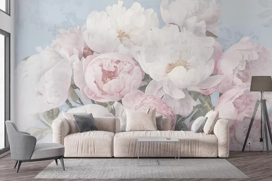 Fototapete Texturierte abstrakte rosa und weißen Pfingstrosen mit grünen Blättern, hellblauem Hintergrund, weichen und zarten Farben, Vintage-Stil w09008