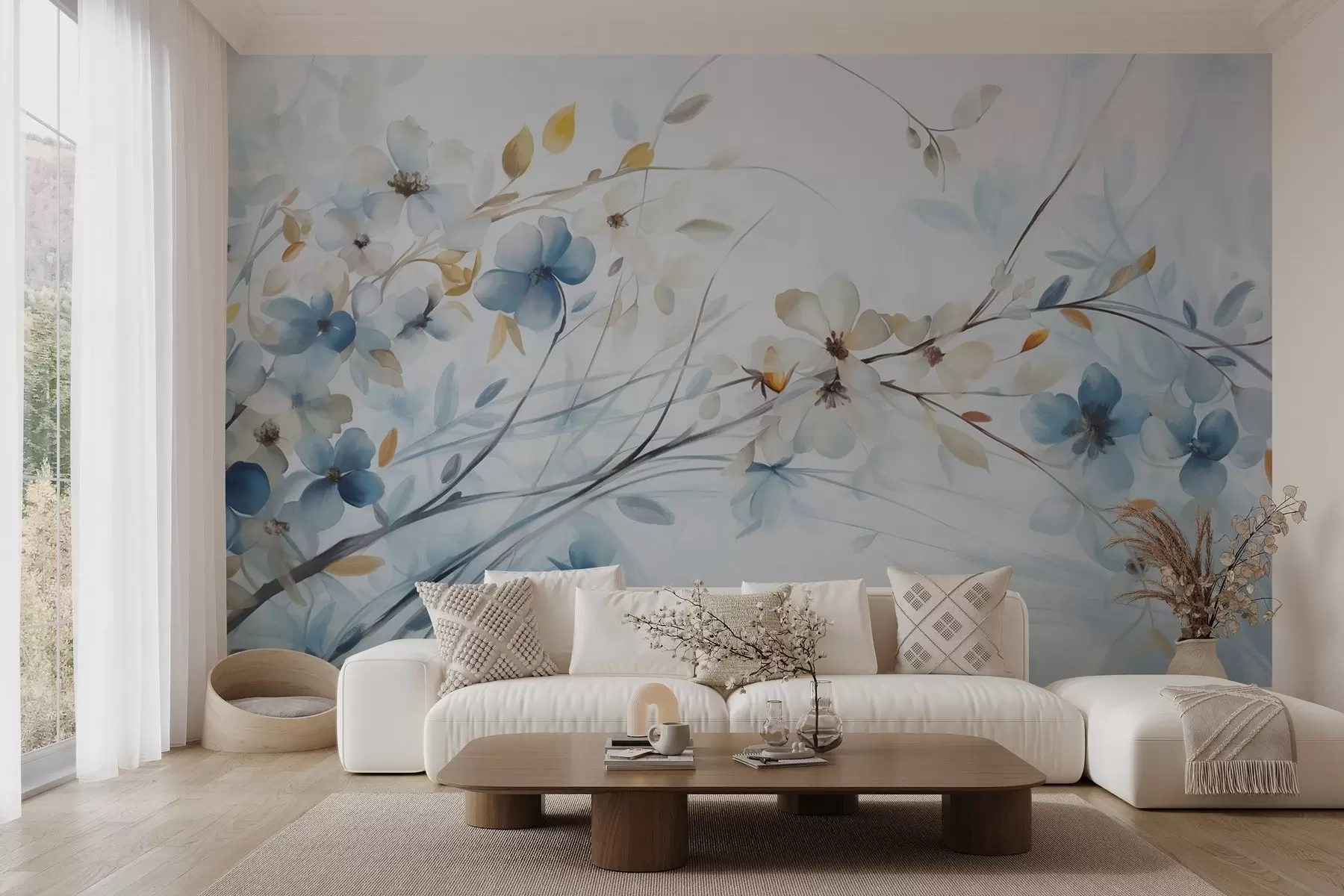 Murale Arrangement floral avec des feuilles bleues et orange et des fleurs blanches, pétales délicats, branches fines, couleurs douces, effet aquarelle w09009