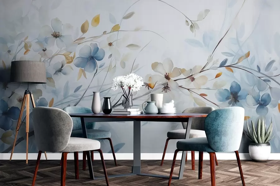 Fototapete Blumenarrangement mit blauen, orangefarbenen Blättern und weißen Blüten, zarten Blütenblättern, dünnen Zweigen, sanften Farben, Aquarelleffekt w09009