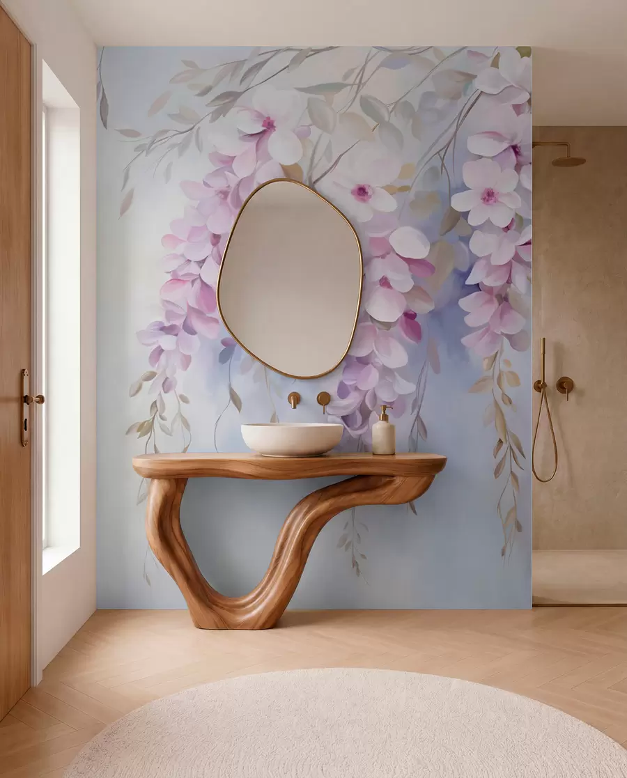 fototapeter Blåregnblomster med lilla kronblade og grønne blade, der hænger fra grene, bløde pastelfarver, pastelfarvet baggrund w09010