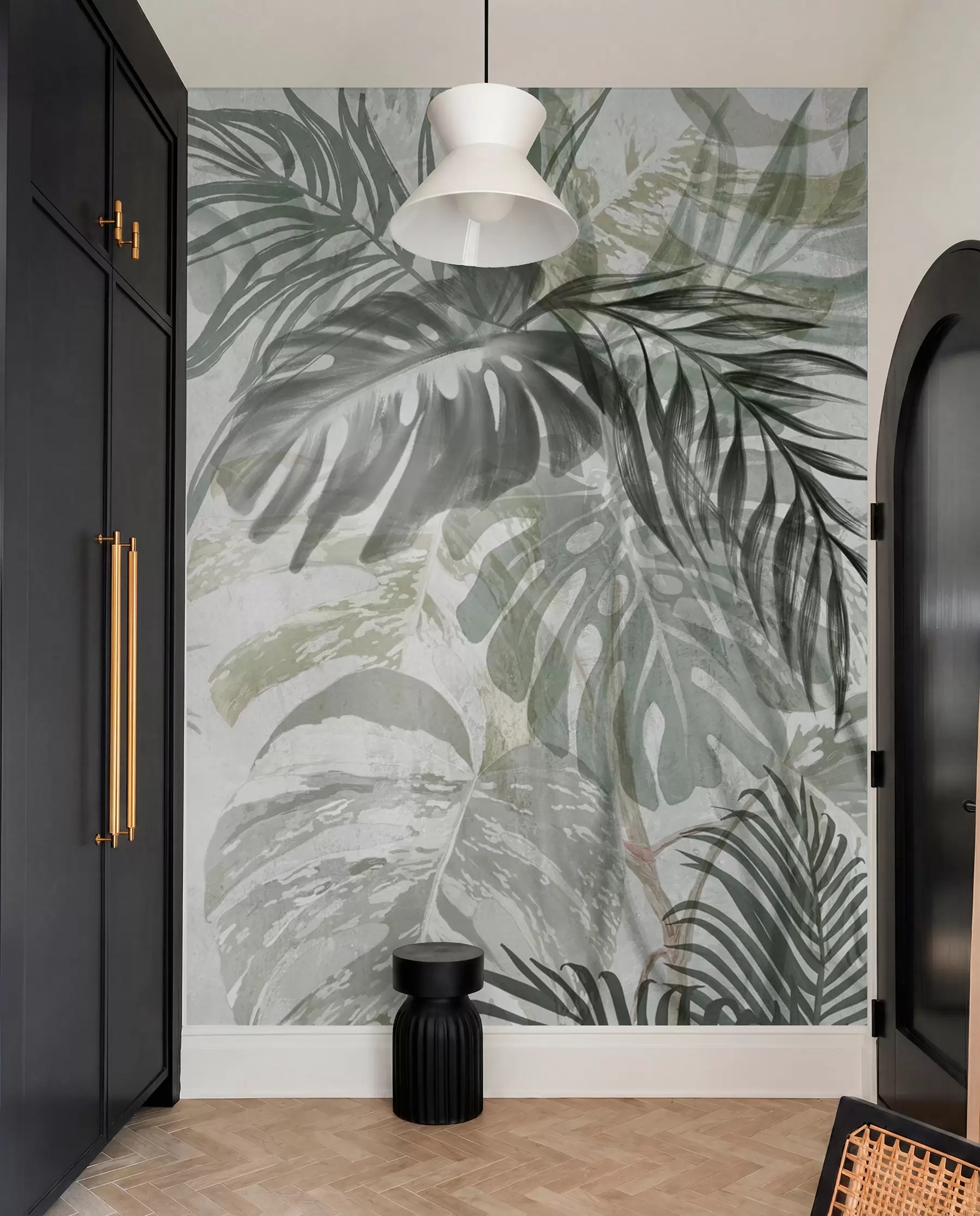 fototapeter Monstera og palmeblade i grønne og grå nuancer, botanisk, tropisk løv, jungleplanter, struktureret baggrund w09011