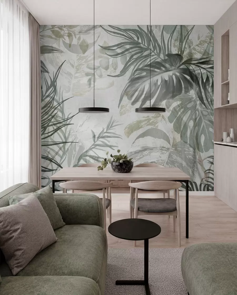 fototapeter Monstera og palmeblade i grønne og grå nuancer, botanisk, tropisk løv, jungleplanter, struktureret baggrund w09011