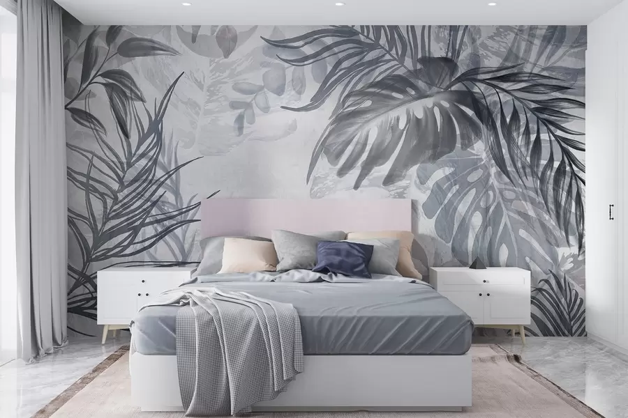 Murale Monstera et feuilles de palmier dans les tons de bleu et de gris, botanique, feuillage tropical, plantes de la jungle, fond texturé w09011v1