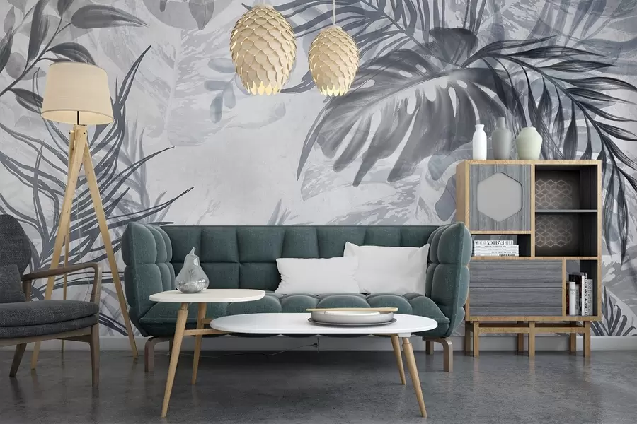 Murale Monstera et feuilles de palmier dans les tons de bleu et de gris, botanique, feuillage tropical, plantes de la jungle, fond texturé w09011v1