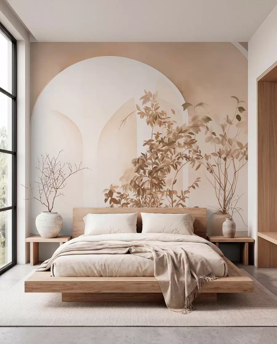fototapeter Planter i potter med beige toner foran abstrakte buer, minimalistisk stil, elegant og ren, neutral baggrund w09013