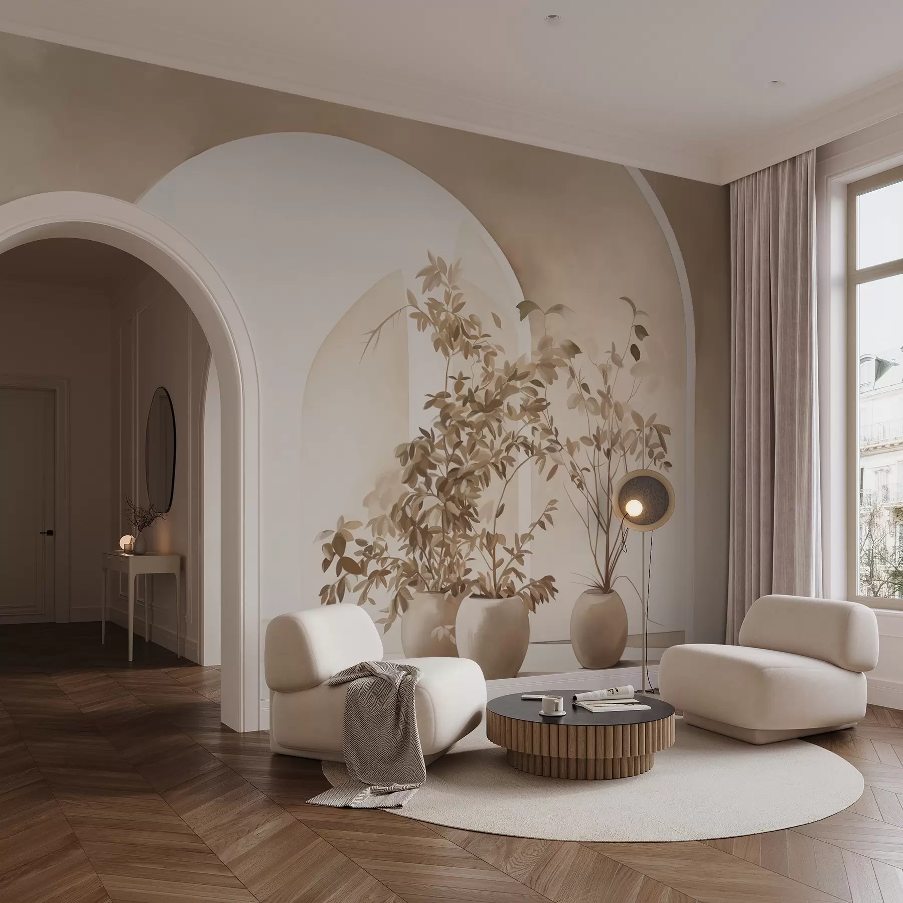 Fototapete Pflanzen in Töpfen mit Beigetönen vor abstrakten Bögen, minimalistischer Stil, elegant und sauber, neutraler Hintergrund w09013