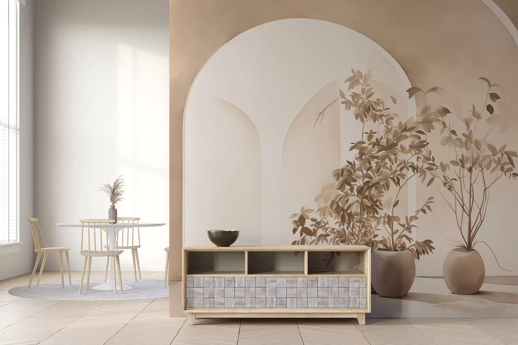 fototapeter Planter i potter med beige toner foran abstrakte buer, minimalistisk stil, elegant og ren, neutral baggrund w09013