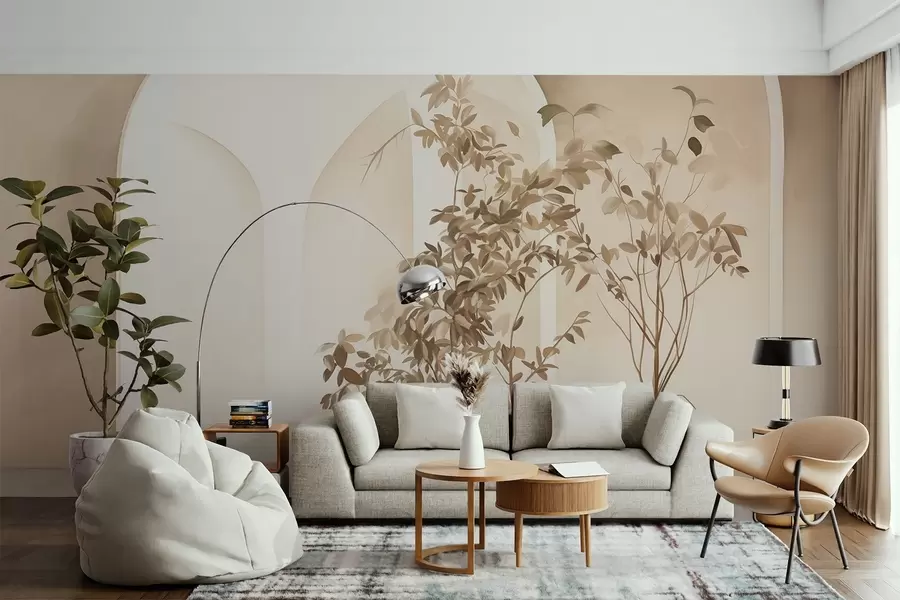 fototapeter Planter i potter med beige toner foran abstrakte buer, minimalistisk stil, elegant og ren, neutral baggrund w09013
