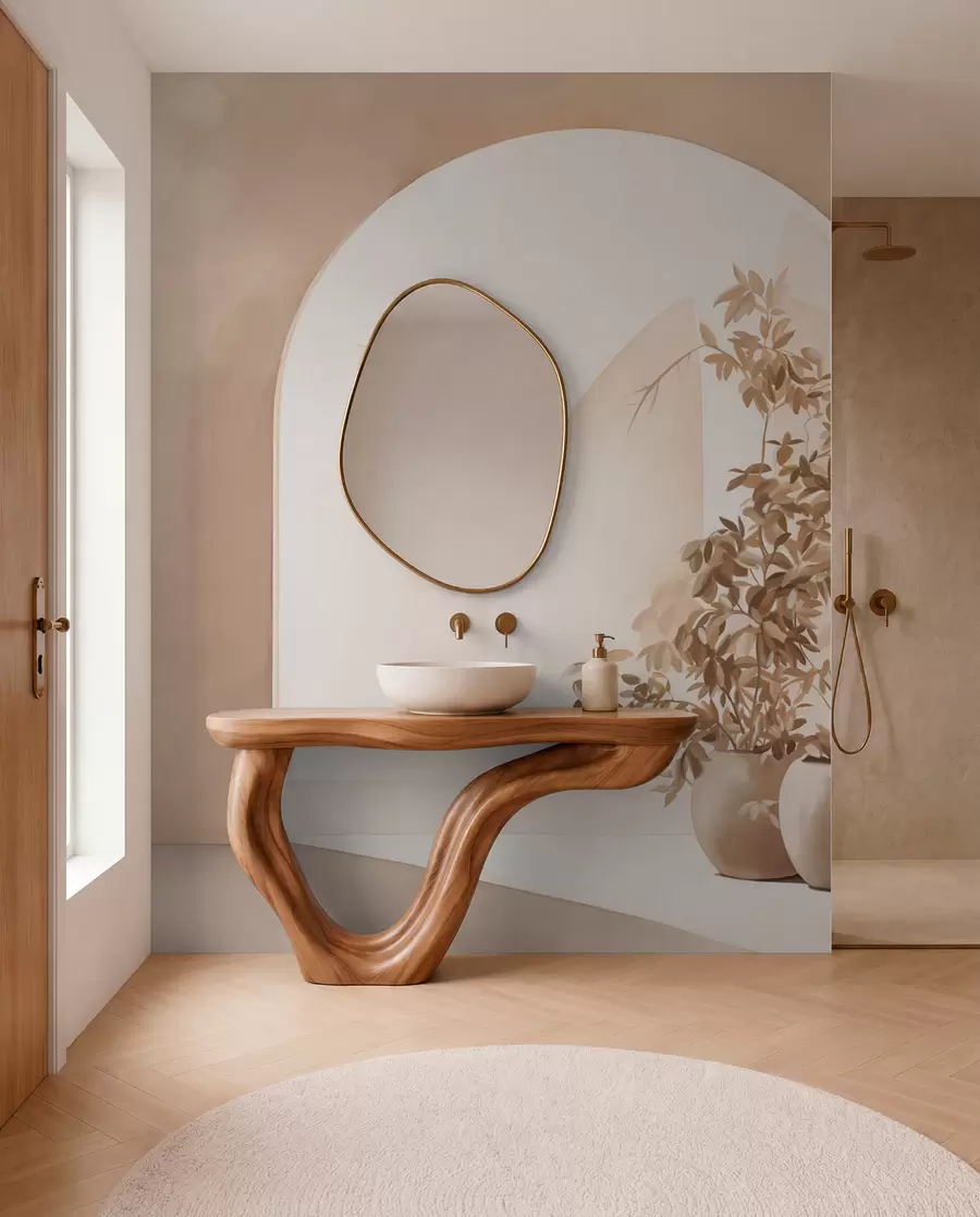 fototapeter Planter i potter med beige toner foran abstrakte buer, minimalistisk stil, elegant og ren, neutral baggrund w09013