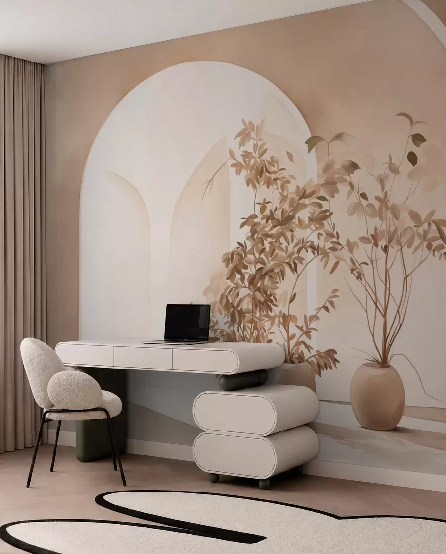 fototapeter Planter i potter med beige toner foran abstrakte buer, minimalistisk stil, elegant og ren, neutral baggrund w09013
