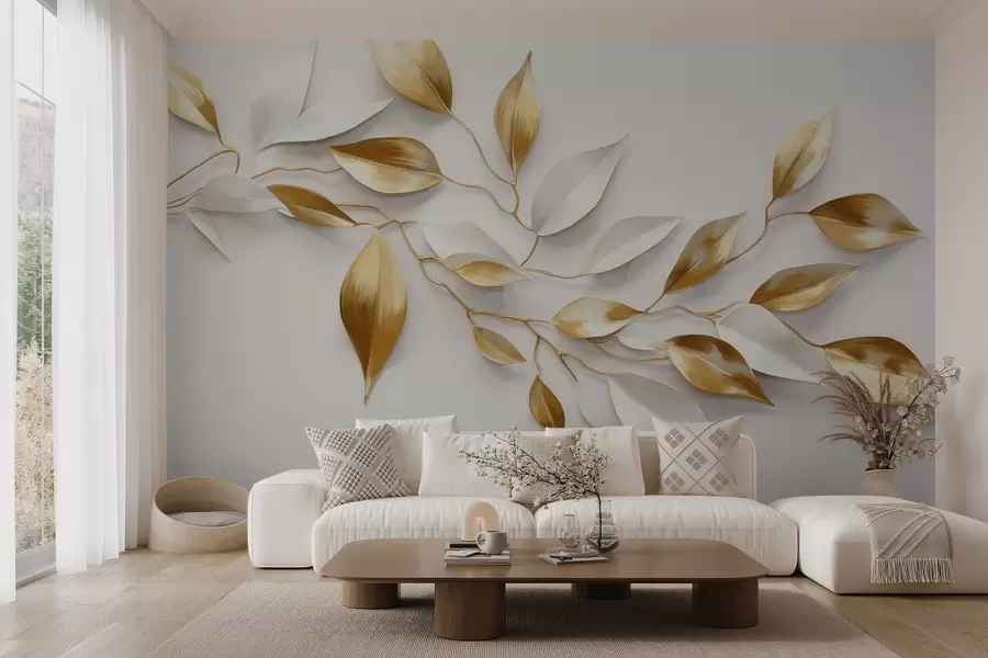 Murale Feuilles jaunes et blanches sur une branche , design élégant, fond blanc, style minimaliste, art décoratif, inspiré par la nature w09015