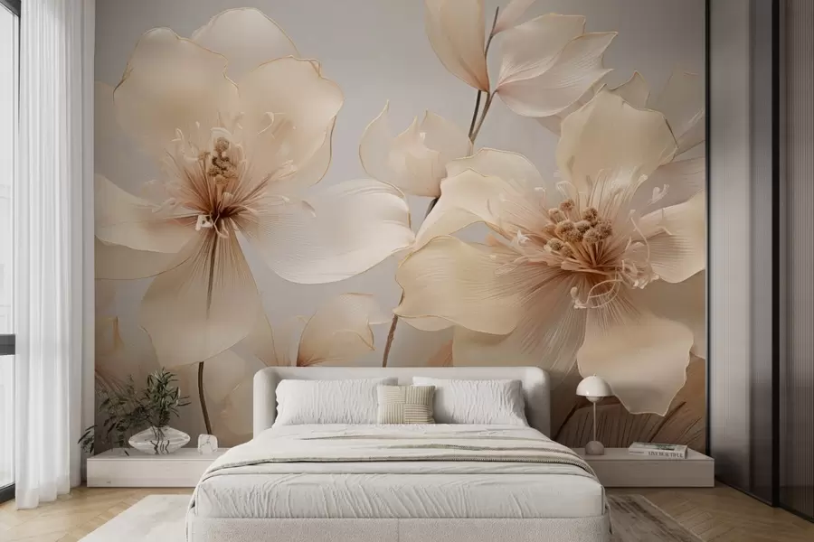 Fototapete Beigefarbene Luftblumen in sanften Tönen w09016