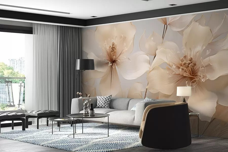 Fototapete Beigefarbene Luftblumen in sanften Tönen w09016