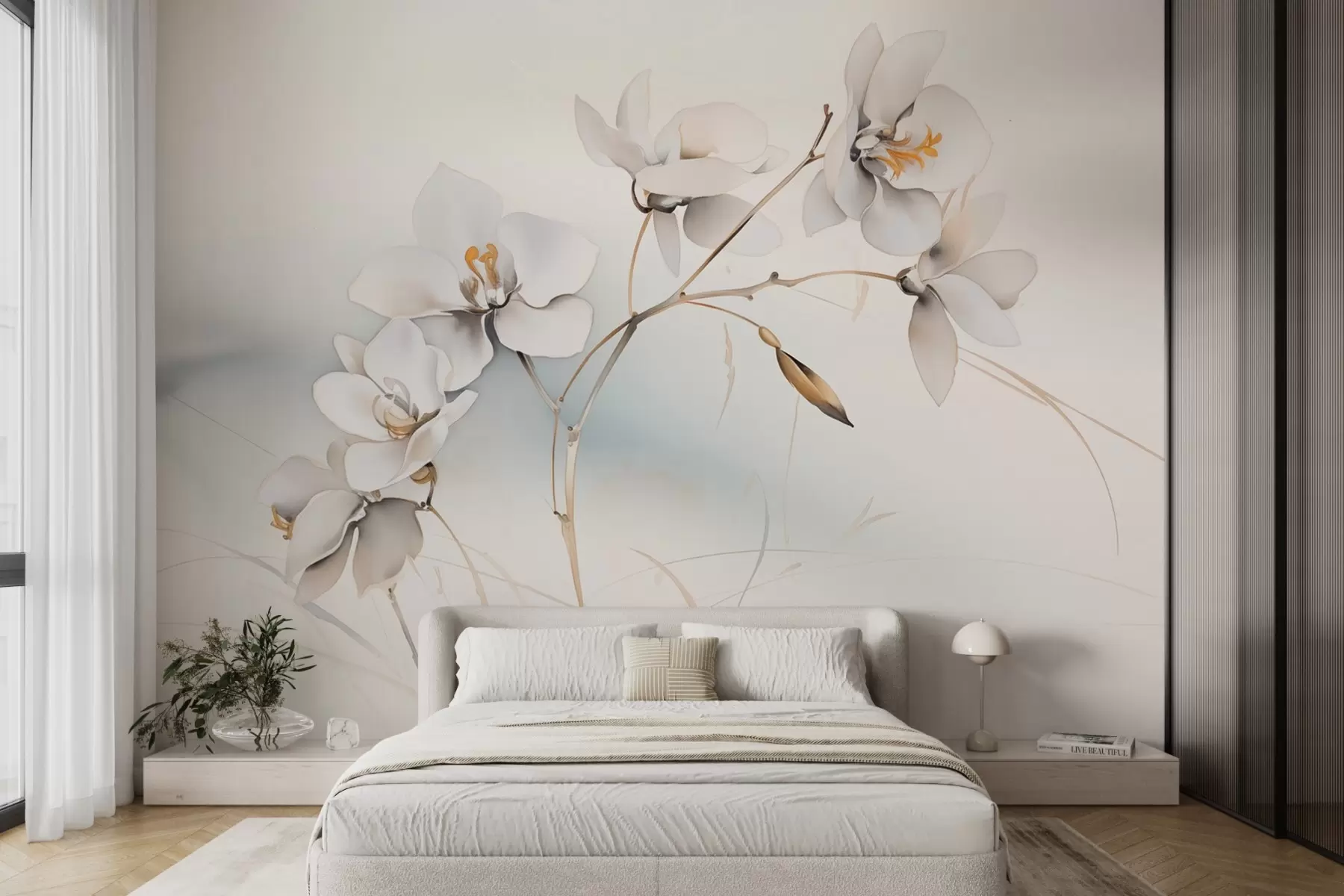 Fototapete Weißer Orchideenzweig im Aquarellstil w09022