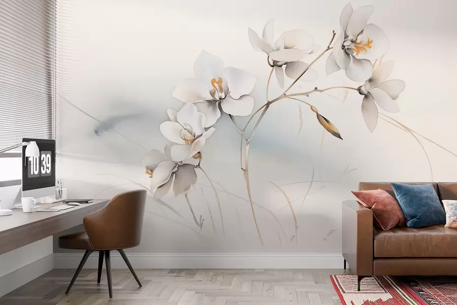 Murale Branche d'orchidée blanche en style aquarelle w09022