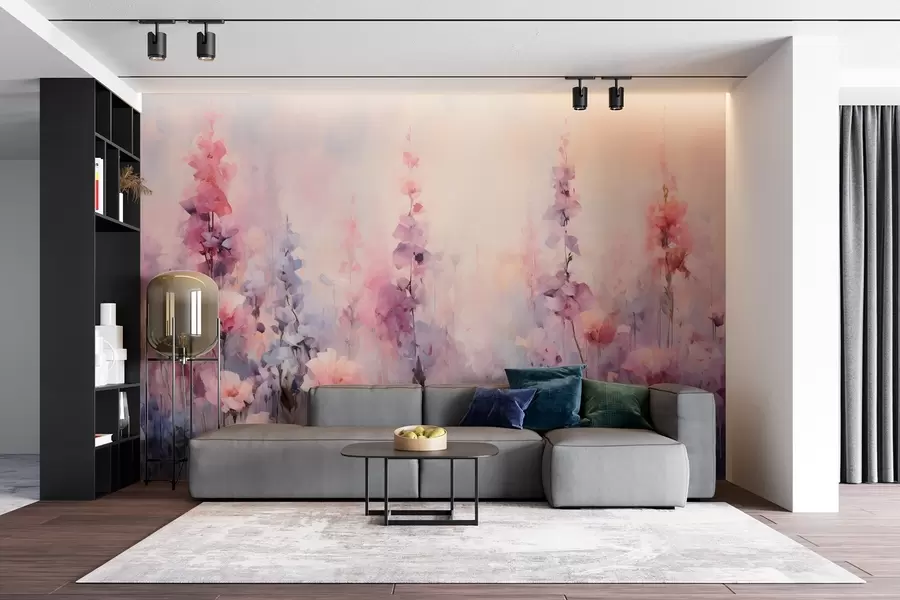 Fototapete Bunte Wildblumen im Aquarellstil: Flieder, Mohn, Gänseblümchen w09038