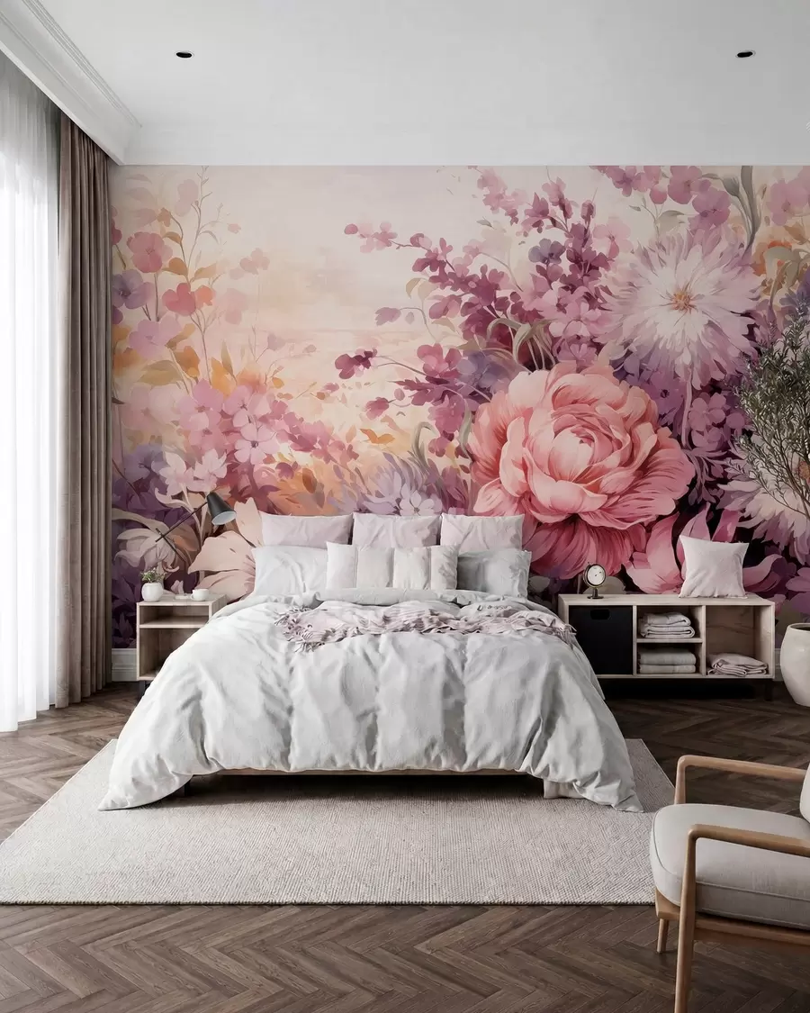 fototapeter Farverige blomster i rosa og lilla toner: syrener, pæoner, krysantemum w09039