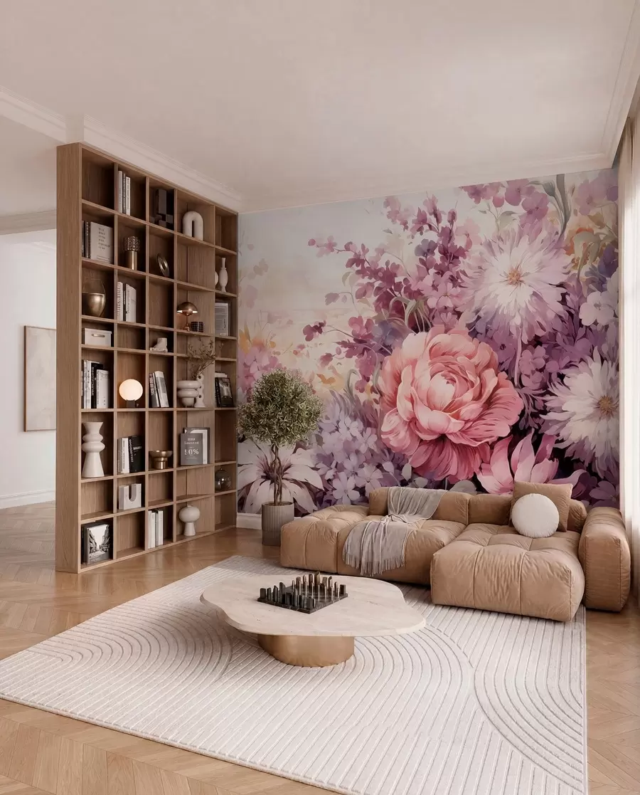 Murale Fleurs colorées dans les tons roses et violets : lilas, pivoines, chrysanthèmes w09039