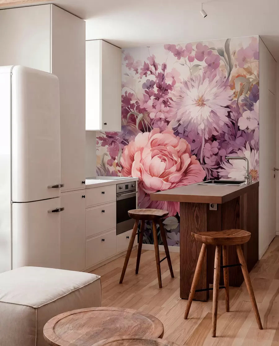 fototapeter Farverige blomster i rosa og lilla toner: syrener, pæoner, krysantemum w09039