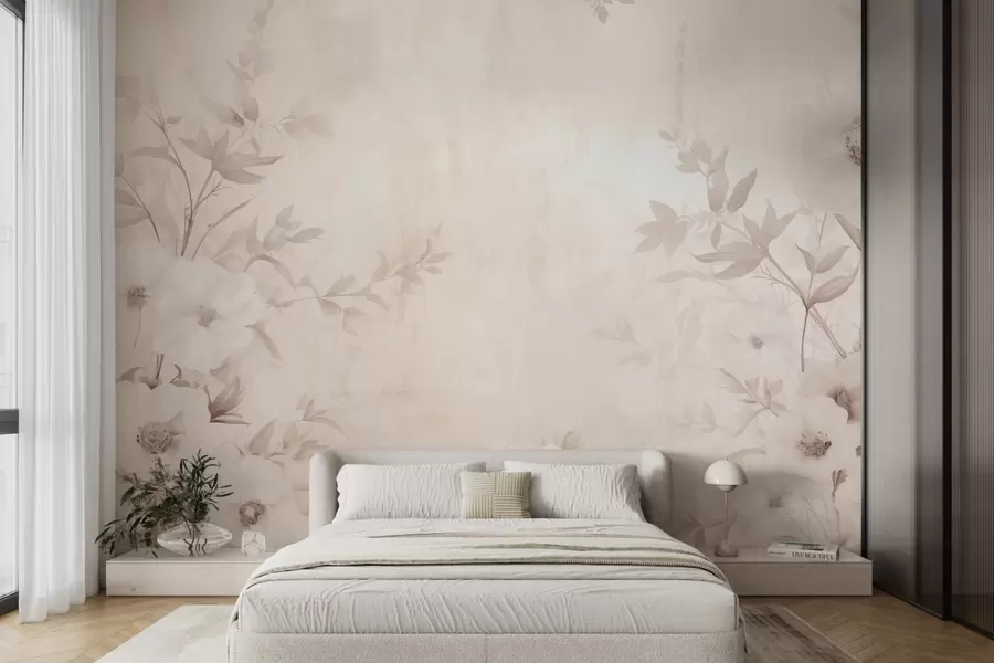 Fototapete Blumen mit Blättern in neutralen hellen Tönen im Aquarellstil w09040