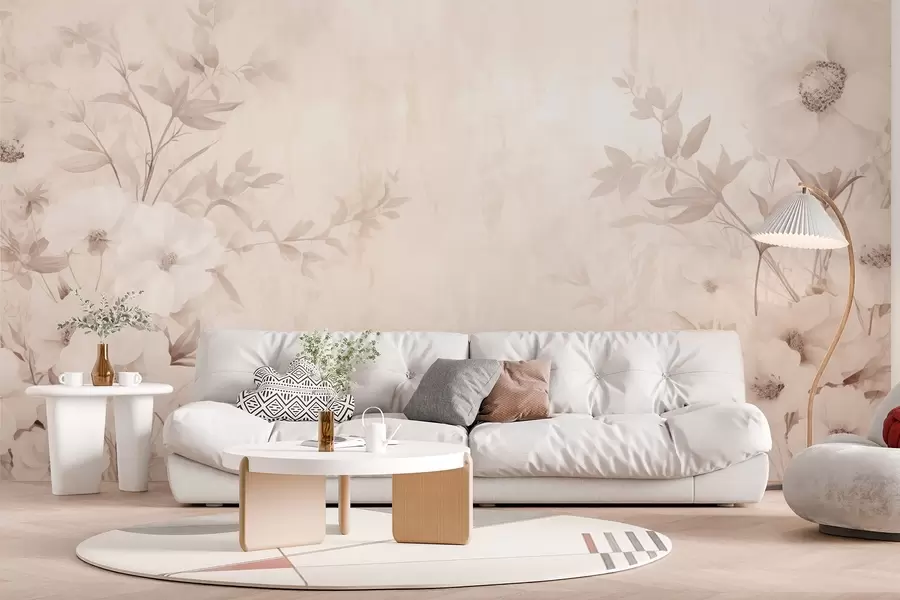 fototapeter Blomster med blade i neutrale lyse toner i akvarelstil w09040
