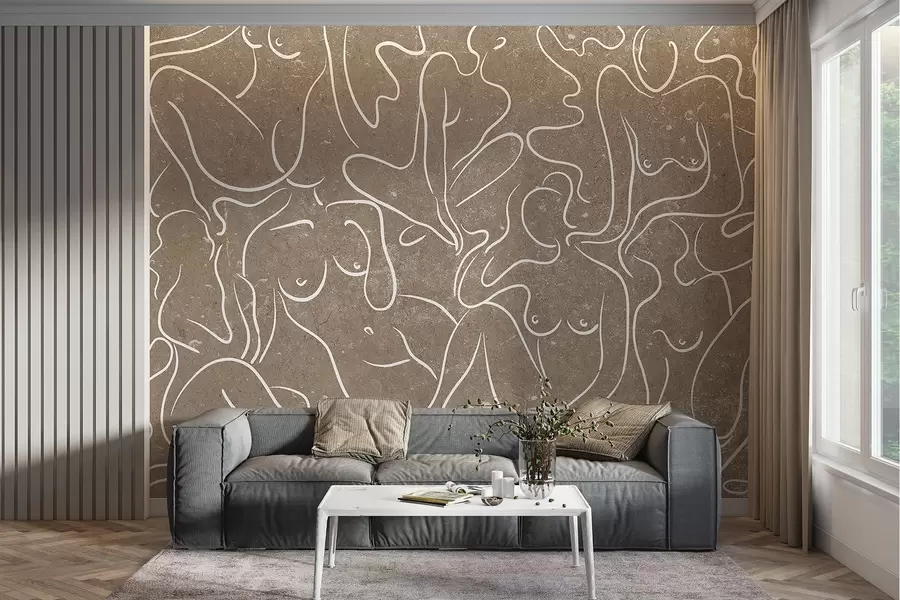 Fototapete Strichzeichnung anatomische Silhouetten, Abstraktion, beige Hintergrund w03756